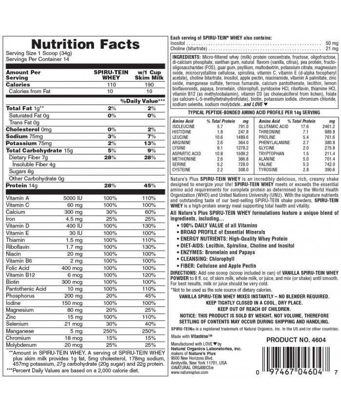 Nature's Plus Spiru-Tein Whey Vanilla 476gr